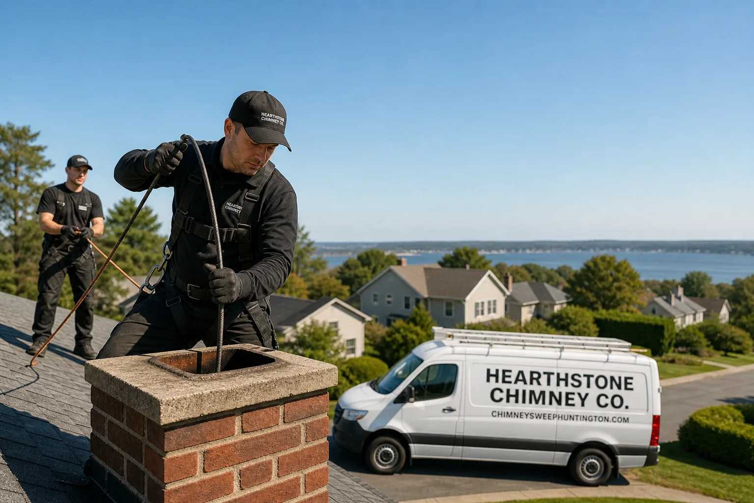 Hearthstone Chimney Co. chimney cleaning service vehicle and crew in Huntington, NY